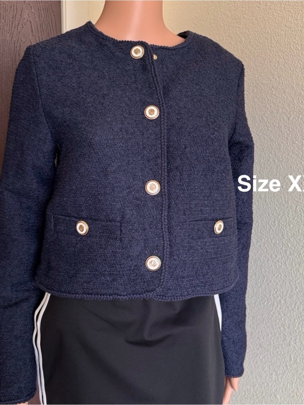 Free Assembly Women's Collarless Nubby Jacket with Long Sleeves, XXL, Navy